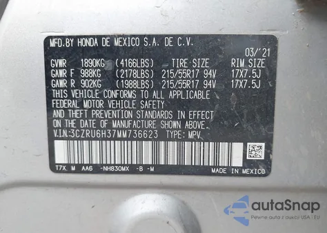 2021 Honda Hr-V Awd Lx from USA, damaged, VIN 3CZRU6H37MM736623